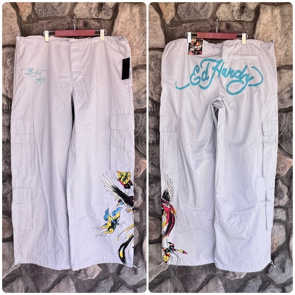 Ed Hardy Pants - NEW Womens Size Large Ed Hardy Butterflies Poplin Cargo Wide Leg Graphic Pants